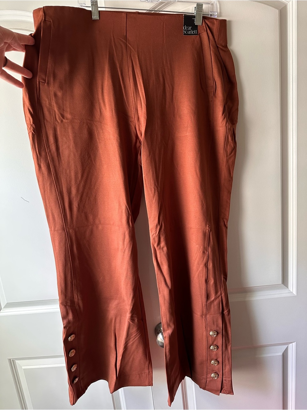 Dear Scarlett Boot-Cut Pants in Rust with Hem Button Detail